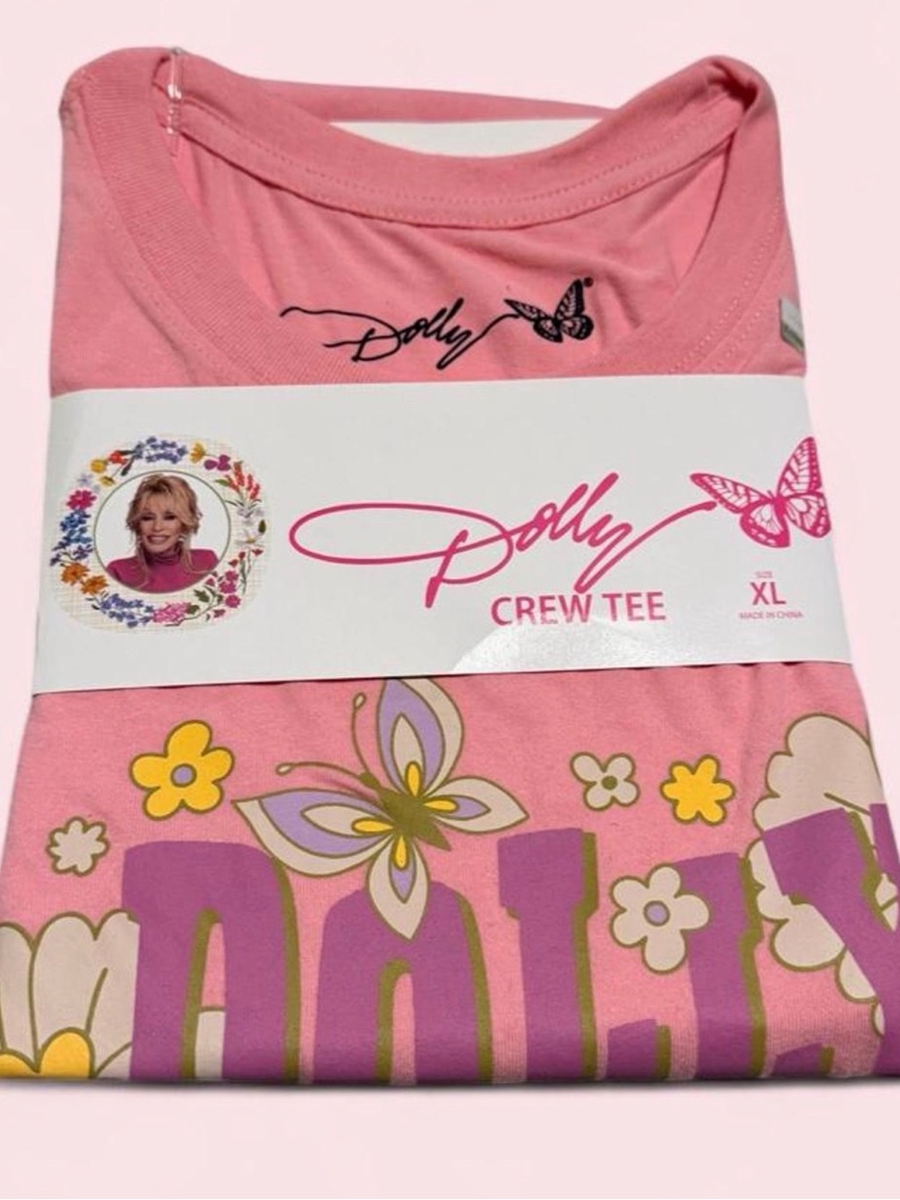 New Dolly parton Tee Short Sleeve in Pink with Floral & Butterfly Print